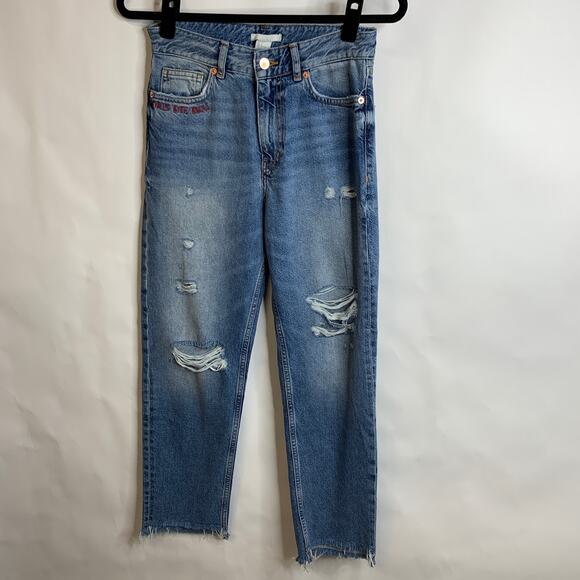 "Girls Bite Back" H&M Jeans Sz 6 Distressed Straight Leg Raw Hem - Picture 2 of 10